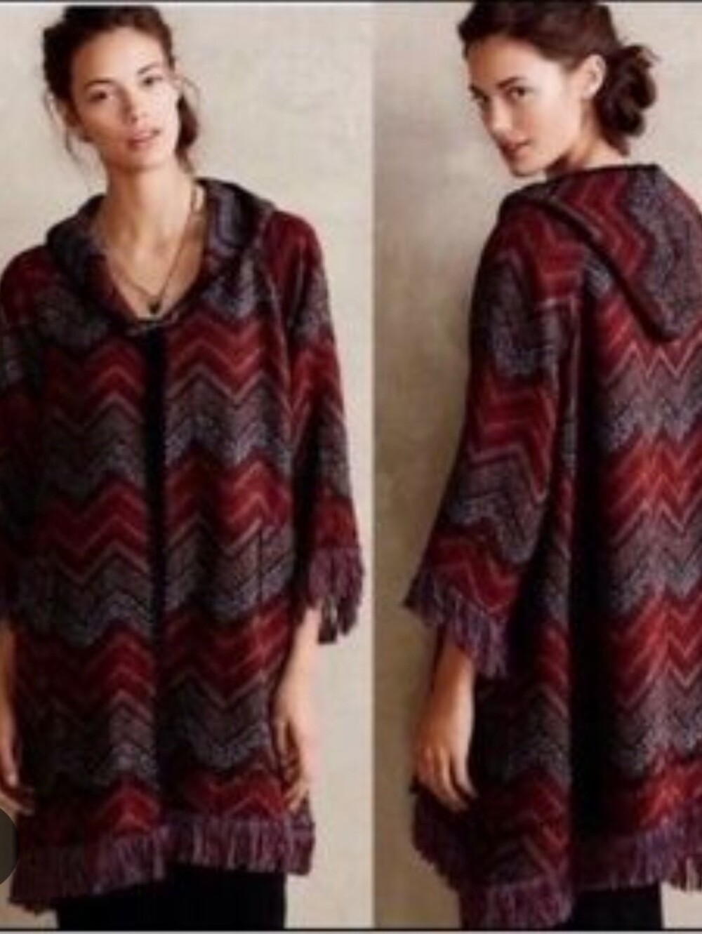 Anthropologie HeiHei Wool Blend Hooded Chevron Fringed Oversized Cardigan